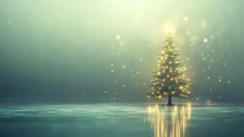 Luminous Christmas tree on reflective winter plane, digital painting.