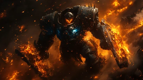 Molten armored mech warrior strides through raging inferno.