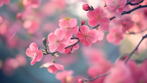 Pink cherry blossoms on branches with bokeh background.