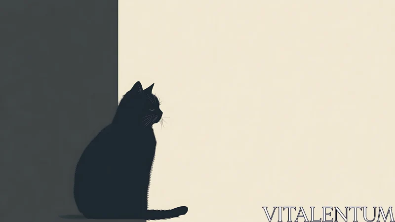 Black Cat Silhouette Against Neutral Background.
