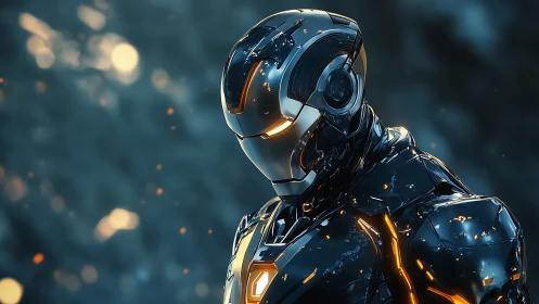 Chrome sentry bows in ember-lit silence between battles