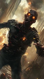 Inferno-eyed corpse striding through a collapsing firestorm.