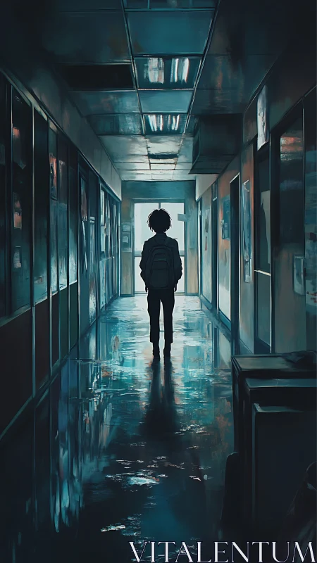 Backlit student silhouette in moody reflective corridor scene.