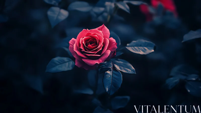 Vivid Crimson Rose Blooming Against Deep Tonal Background