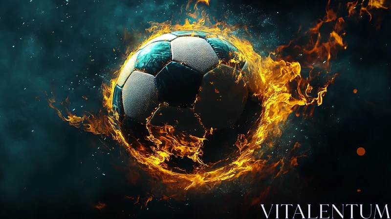 Burning soccer ball streaks through dark smoky space
