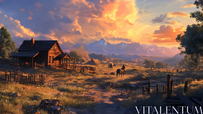 Digital painting of frontier ranch at sunset with riders returning.