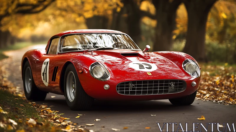 Red classic race car on tree lined autumn road scene.