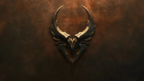 Metallic horned emblem on textured dark bronze wall.