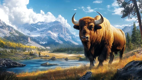 Massive bison standing in bright alpine river valley.