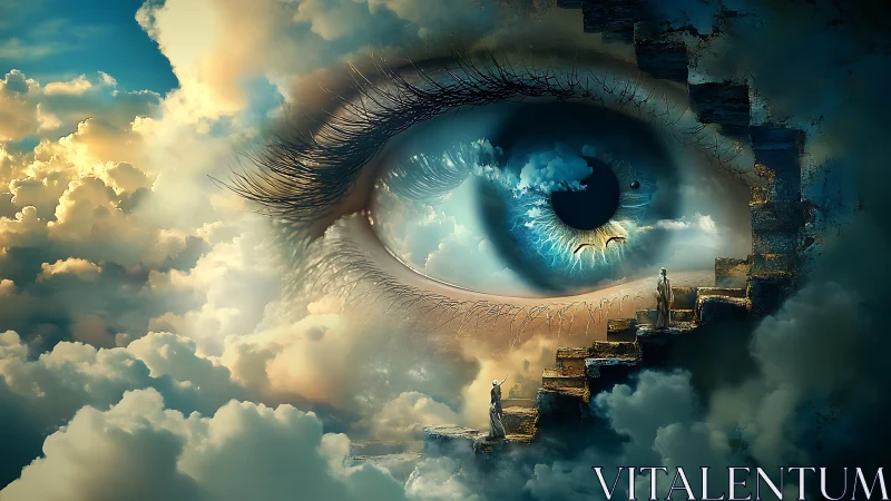 Monumental azure eye in stratified clouds with spectral stairs