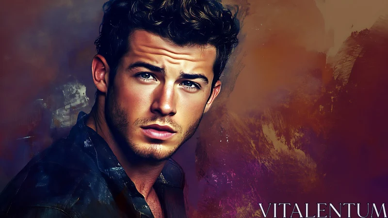 Male portrait against abstract multicolor painted backdrop.