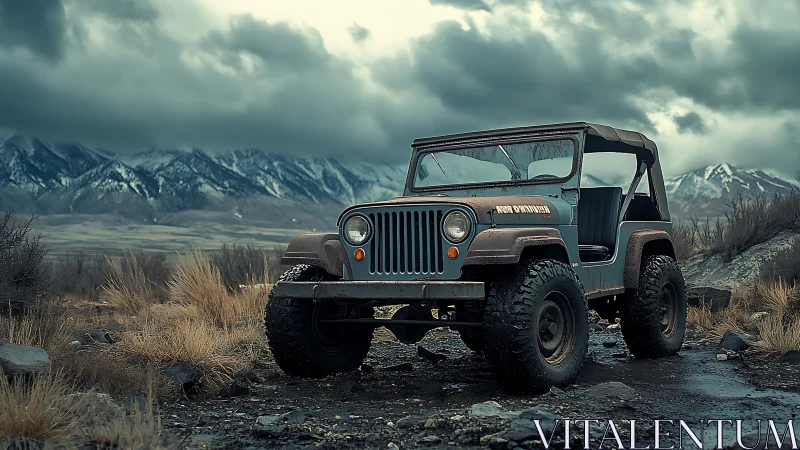 Rustic off-road jeep stands before stormy alpine mountain range
