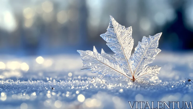 Macro frost crystal leaf on snow with shallow bokeh field.