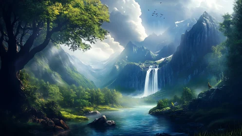 Majestic alpine waterfall cascades into tranquil river basin