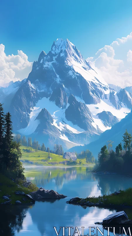 Snow-covered mountain peak rises above reflective alpine lake