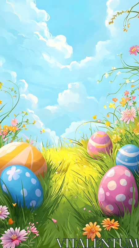 Spring meadow Easter eggs under radiant blue sky illustration.