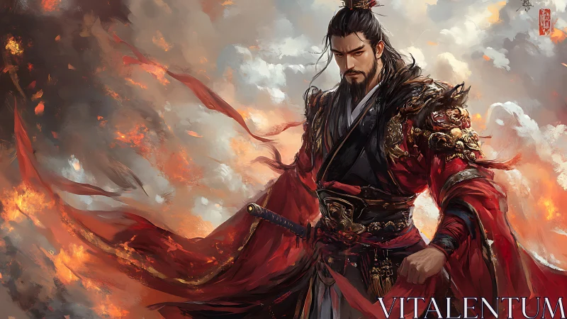 Firelit warrior prince stands calm amid swirling embers