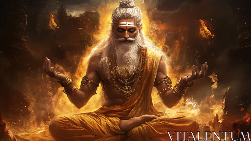 Ascetic fire yogi in luminous combustion field meditation.