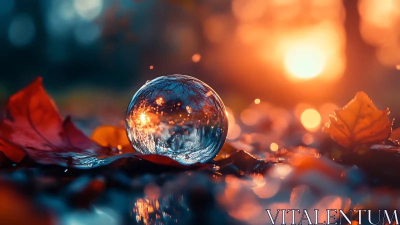 Macro glass sphere on wet autumn leaves under warm bokeh sunset