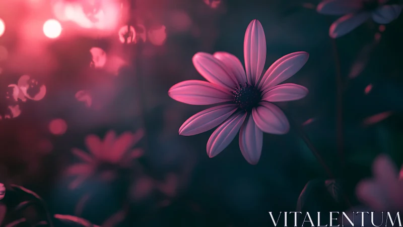Digitally Rendered Pink Daisy with Bokeh Lighting in Dark Teal Environment