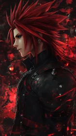 Red‑haired warrior stands in profile amid burning embers