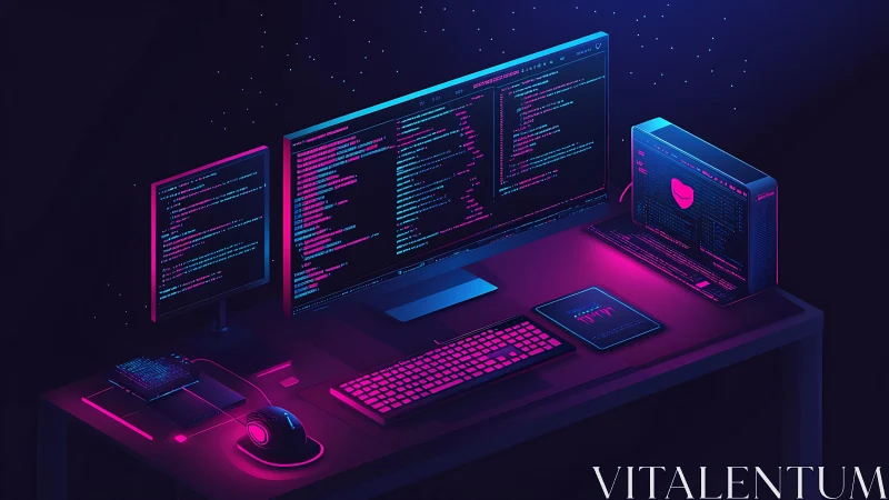 Neon-lit multi-monitor workstation with coding displays.