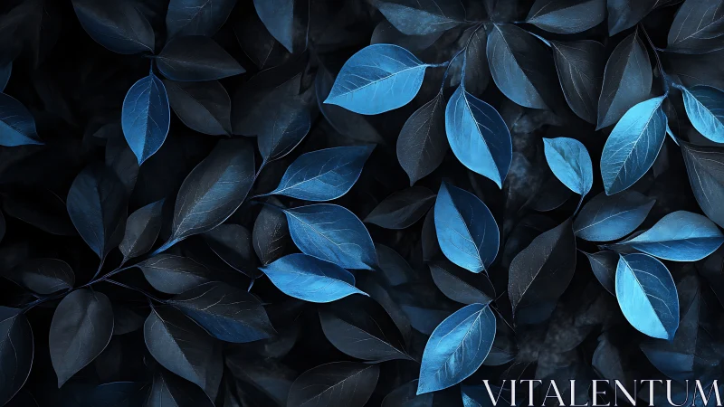 Monochrome blue foliage pattern with overlapping leaves.