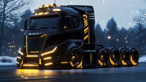 Futuristic black semi truck glows with neon amber lighting.