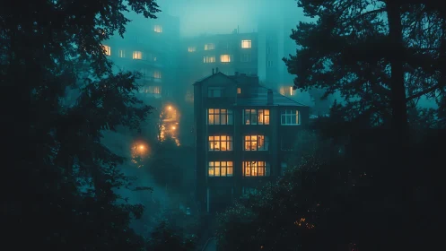 Fog-diffused residential block with warm-lit fenestration grid.