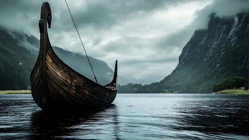 Viking longship waits in misty fjord for the next storm