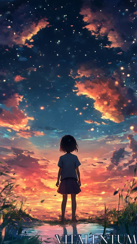 Child gazes toward luminous twilight sky over glowing horizon