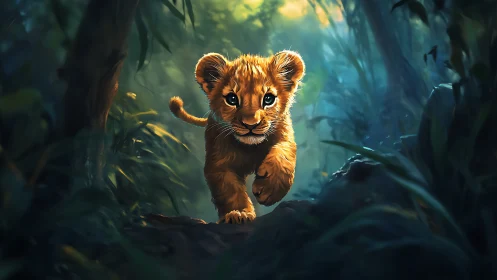 Brave lion cub pads through a glowing, enchanted jungle path
