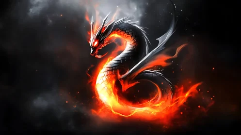 Infernal serpentine dragon coiled in blazing chromatic fire.