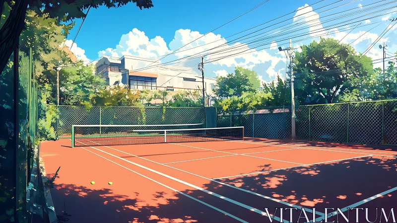 Empty outdoor tennis court under clear midday sky
