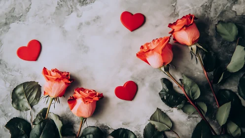 Coral Roses with Red Hearts on Marble Surface.
