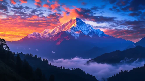 Snow-covered mountain peak under stratified sunset cloud field