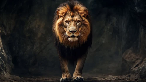 Photorealistic lion portrait in dramatic low-key cavern light.
