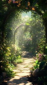 Sunlit stone path winding through lush flower garden.