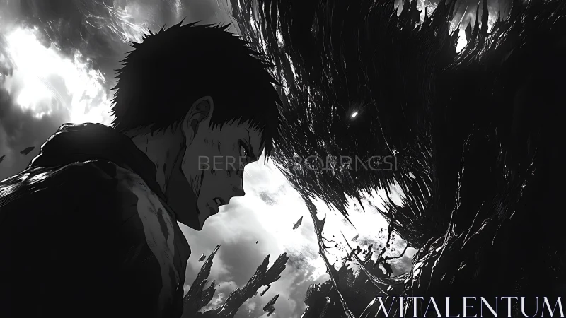 Solitary warrior confronts voidborn shadow titan head-on.