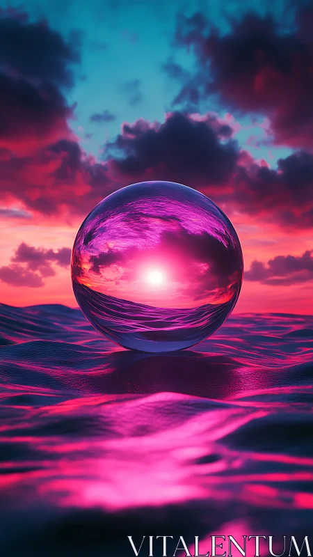 Luminous glass sphere reflects neon sunset over liquid waves