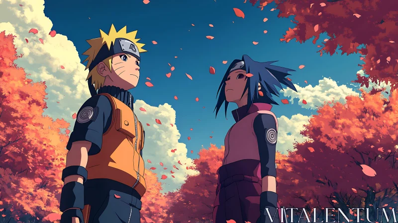 Anime duel tableau under autumn canopy with dynamic framing.