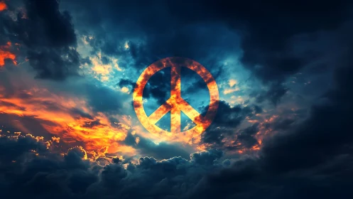 Skyfire peace symbol blazing through storm-torn clouds.