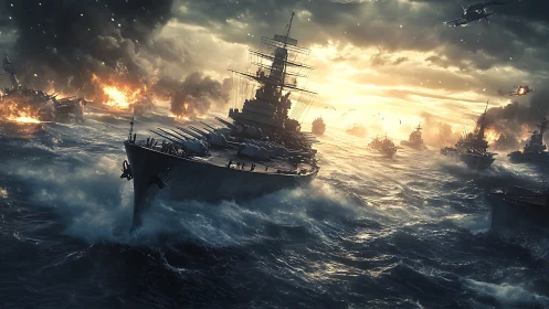 Colossal battleship armada charging through burning seas.