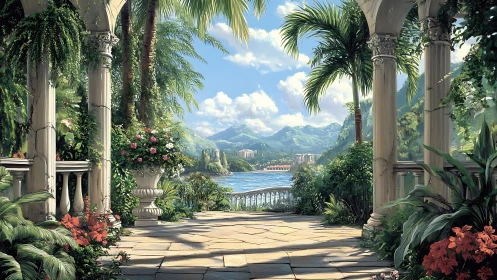 Neoclassical lakeside loggia framing lush tropical bayscape.