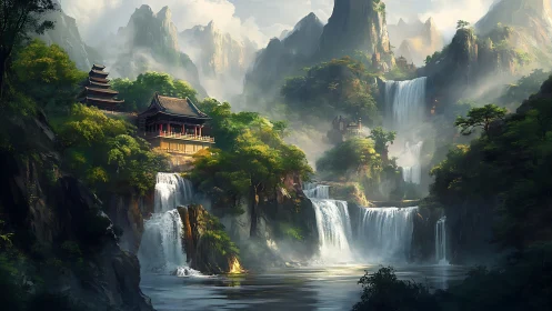 Digital painting of tiered waterfalls and misty temple valley.