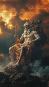 Majestic sky god rests on a fiery throne above clouds
