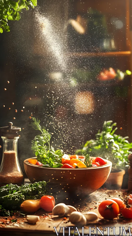 Wooden bowl of fresh vegetables with salt scattering overhead.