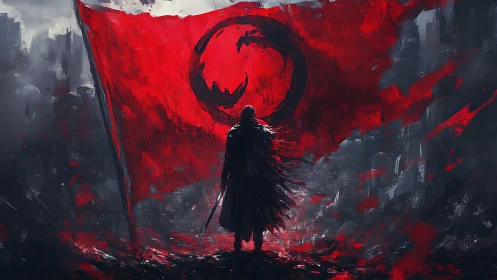 Solitary swordsman before crimson war banner in ruins