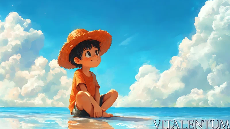 Smiling boy in straw hat sitting on calm beach water.