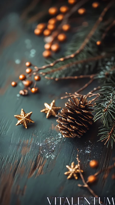 Pine cone and evergreen branches with metallic star accents.